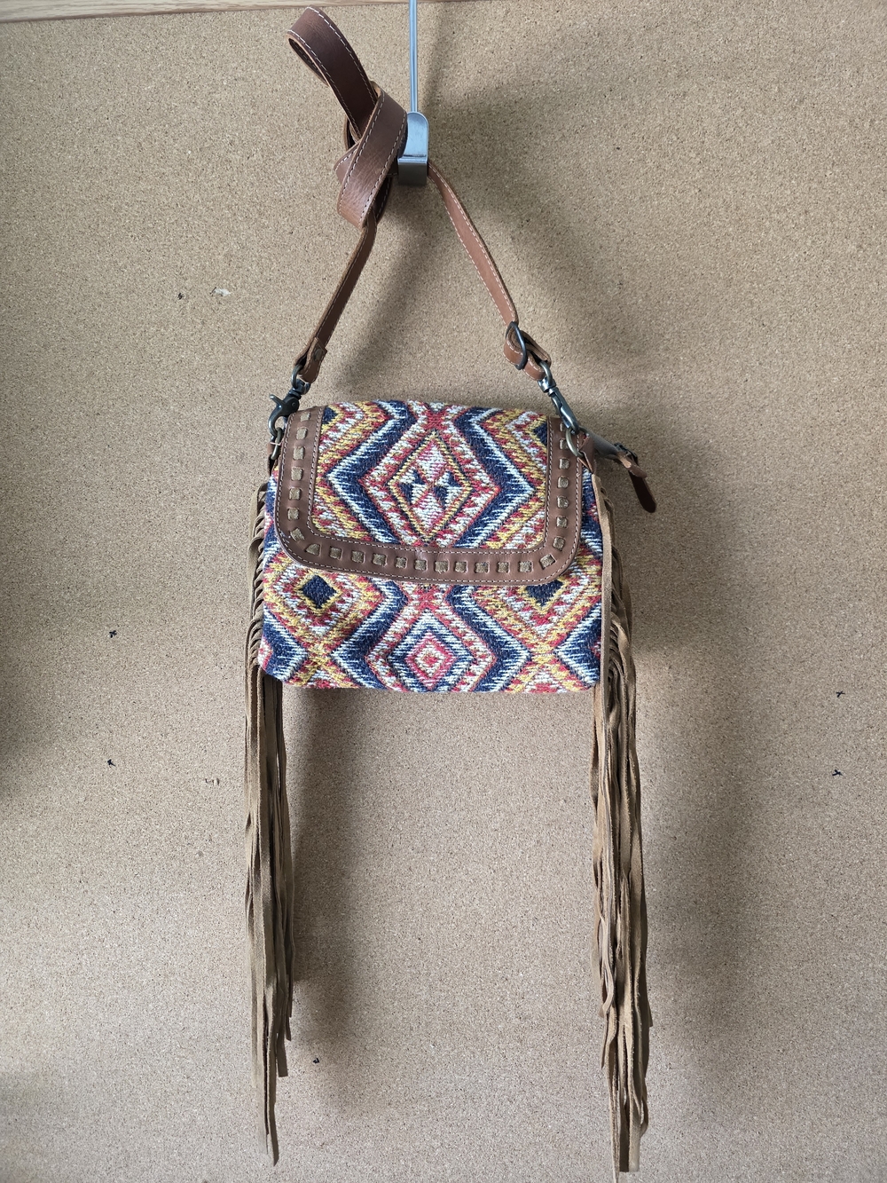 Maya Bag Cotton Woven Boho Crossbody w/ Leather Fringe Southwestern